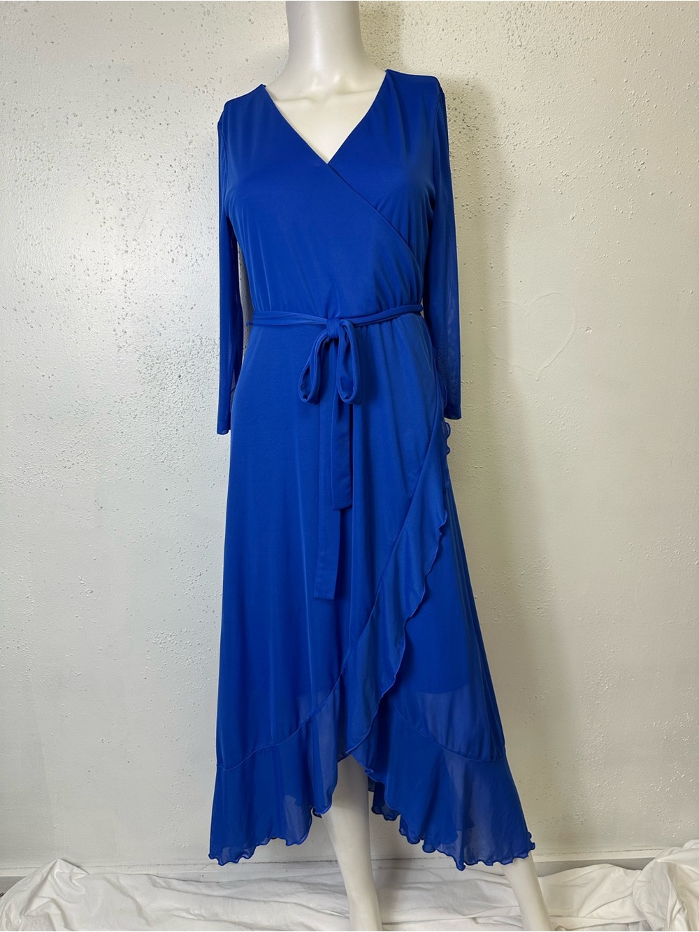 Women's Royal Blue Wrap Midi Dress with Ruffle Hem 94% polyester 6% spandex